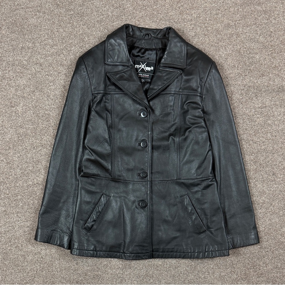 Wilsons Maxima Black Leather Buttonโ Front Jacket Womenโs XL Lightweight 90s Y2K